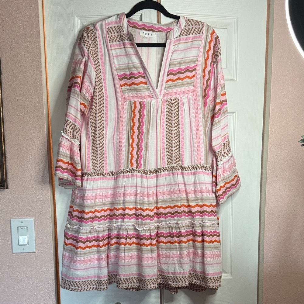 THML Pink, Orange and Beige Striped V-Neck Mini Dress